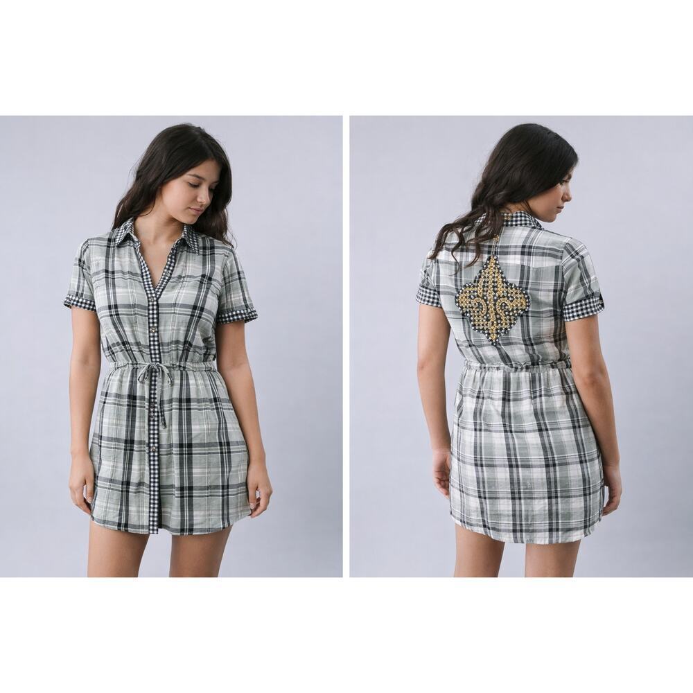 House of Deréon Plaid Shirt Dress Embellished Fleur de Lis Back Y2K Size XL